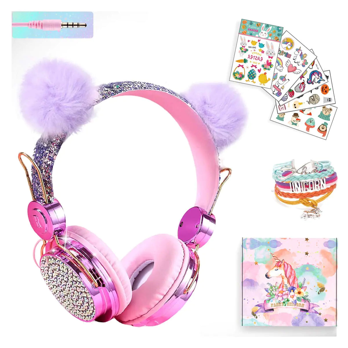 SVYHUOK Auriculares con cable con pompón púrpura para niñas, lindo oído de gato, auriculares de juego para niños para adolescentes, tableta, portátil, PC, auriculares para niños con micrófono para la escuela, cumpleaños, regalos de Navidad