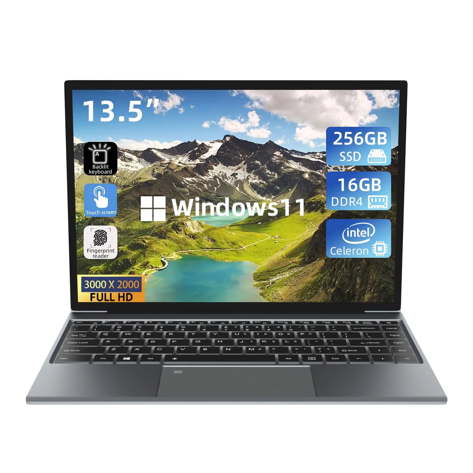 Morostron 13,5" Pantalla táctil Portátil Win11 con N5095 16GB RAM 256GB SSD 3000x2000 FHD Teclado retroiluminado Touch ID WiFi USB3.0 * 2 Bluetooth 4.2 HDMI 38WH Batería Gris