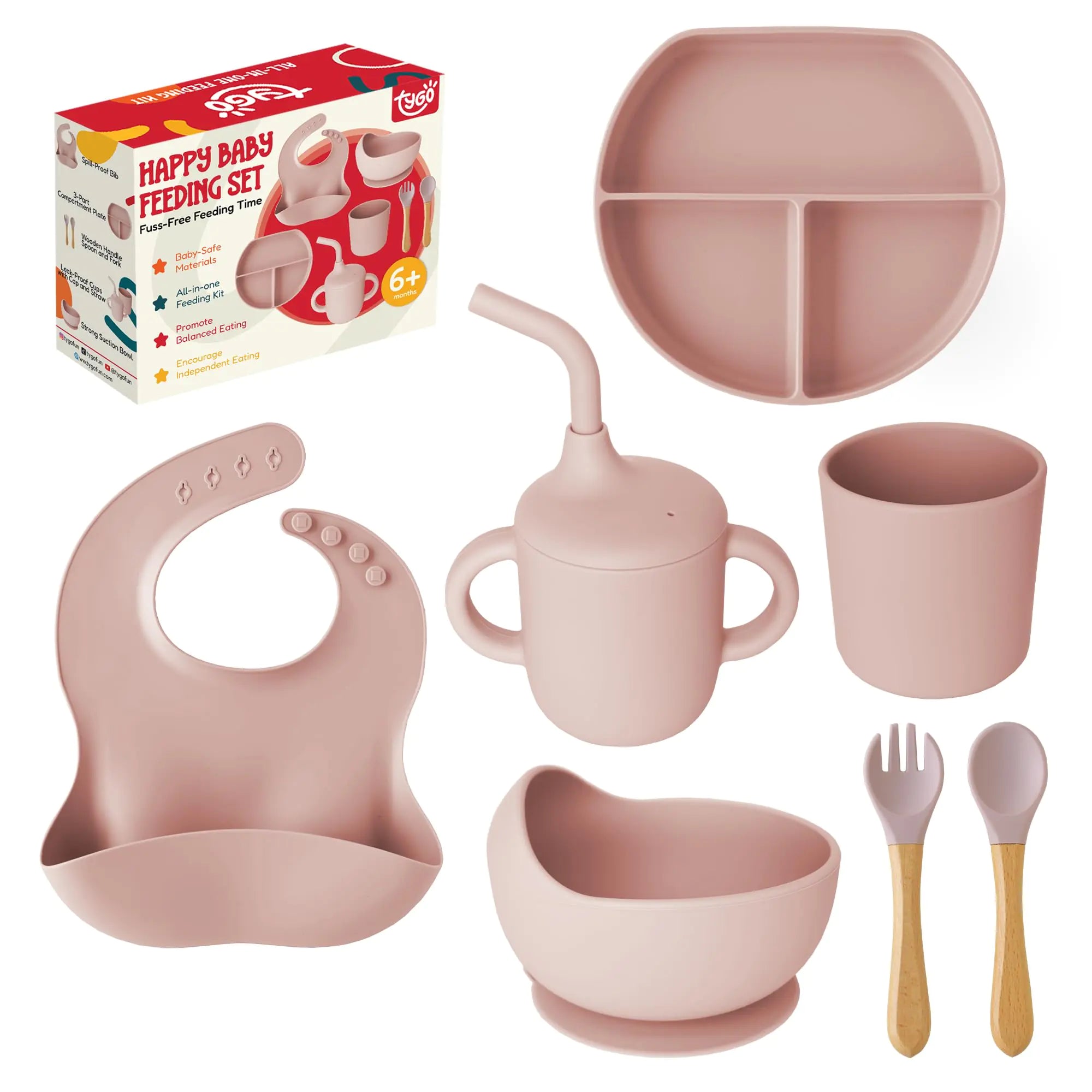 Juego de alimentación para bebés de silicona Tygo - Juego completo de autoalimentación con placa de succión, babero a prueba de derrames, cuchara de madera y tenedor, tazas a prueba de fugas - Fomenta la independencia de la alimentación saludable en bebés