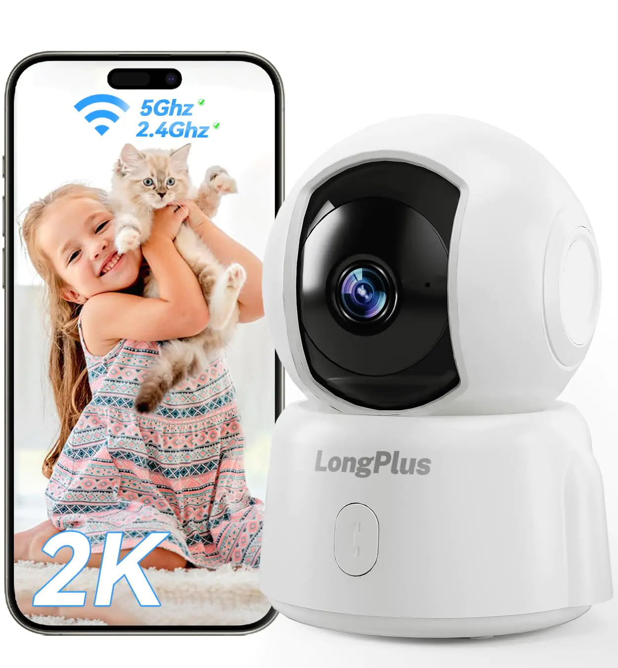 Cámara de seguridad LongPlus® 2K para interiores WiFi de 2,4/5 GHz Cámara para mascotas Cámara para bebés con aplicación de teléfono Cámara remota panorámica inclinable con visión nocturna Llamada de un solo toque Detección de movimiento Seguimiento autom