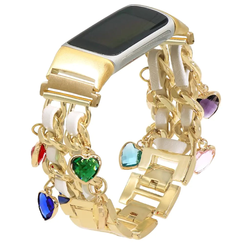 Accesorios C&L compatibles con Fitbit Charge 6 Bands/Fitbit Charge 5 Bands para mujer Pulsera de cuero de metal Bandas de repuesto ajustables Banda de brazalete con dijes (oro/blanco/corazones)