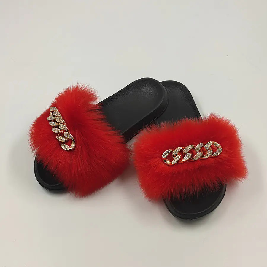 Chanclas de moda de piel de zorro de imitación de felpa