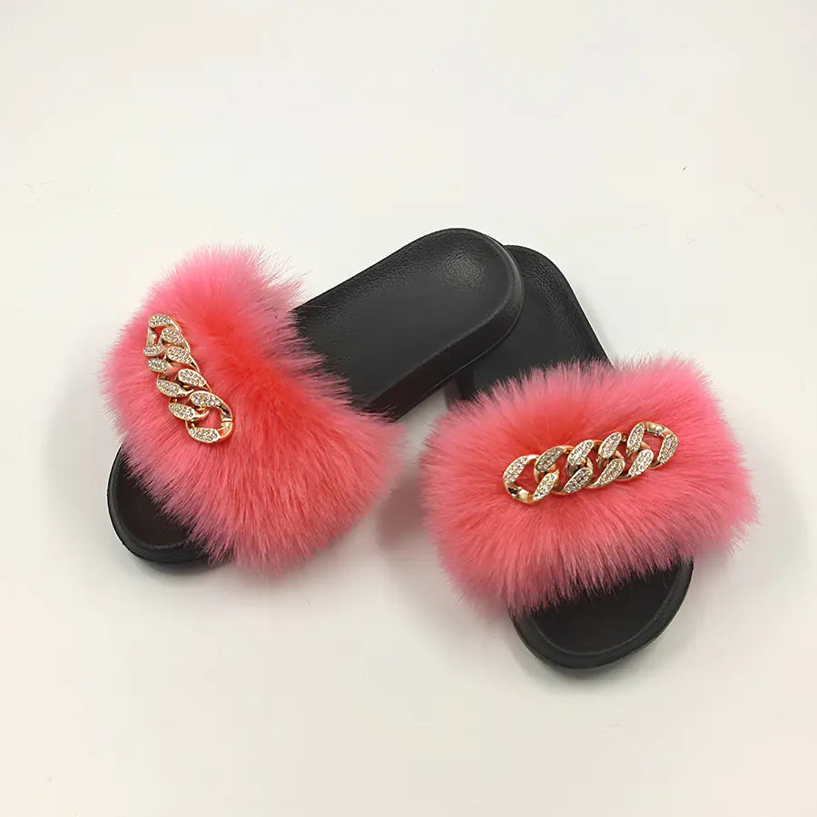 Chanclas de moda de piel de zorro de imitación de felpa