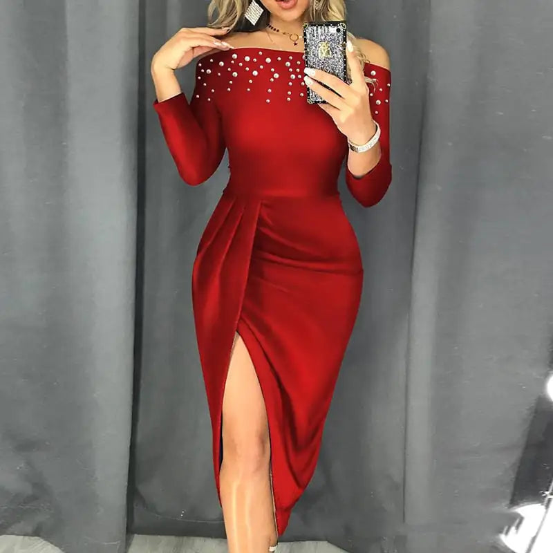 Vestido dividido con cuentas de burbujas con hombros descubiertos para mujer