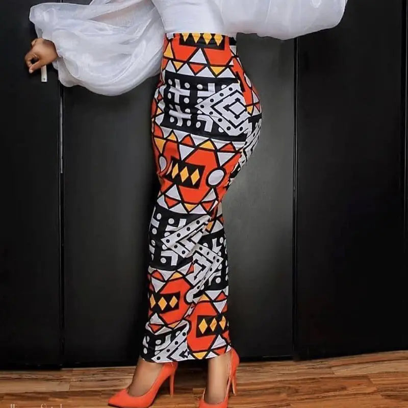 Falda Estampada Geométrica Slim de Talla Grande con Cintura Alta
