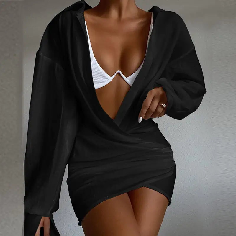 Minivestido de manga larga de color sólido con cuello en V profundo