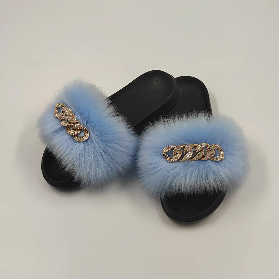 Chanclas de moda de piel de zorro de imitación de felpa