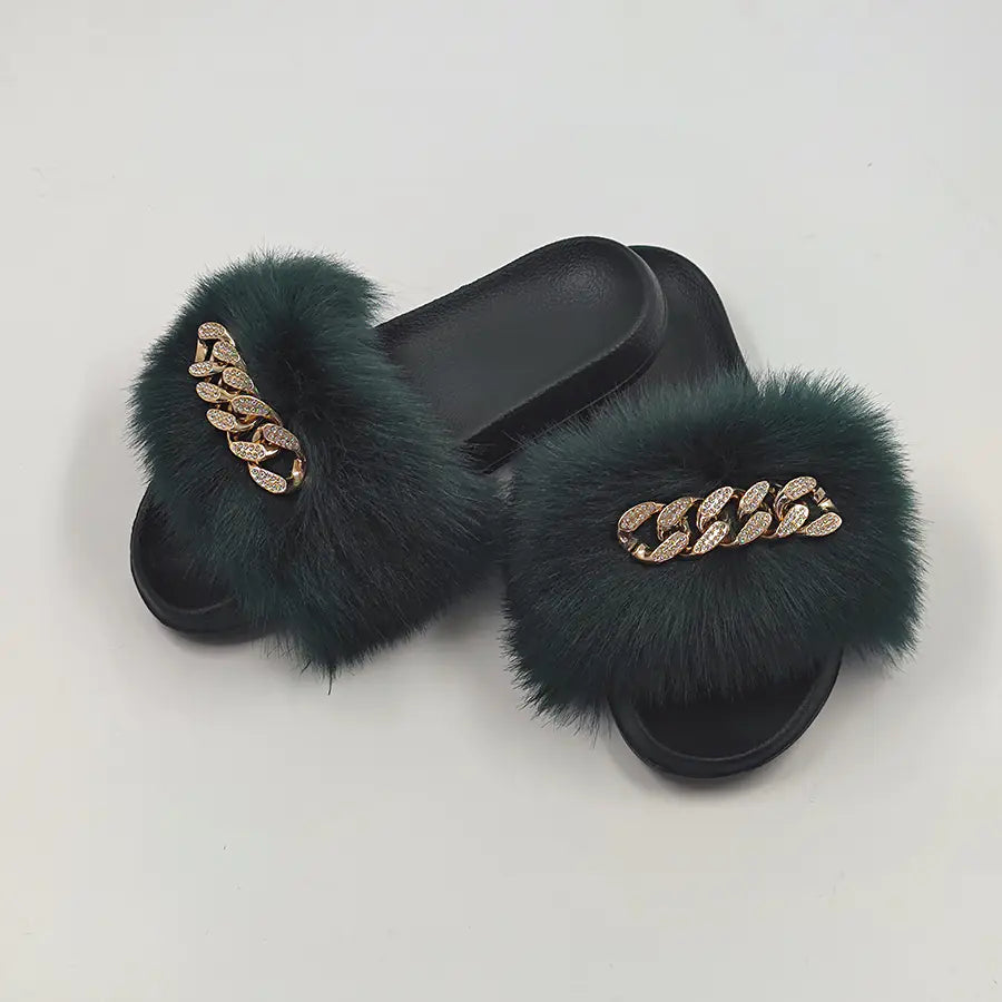 Chanclas de moda de piel de zorro de imitación de felpa