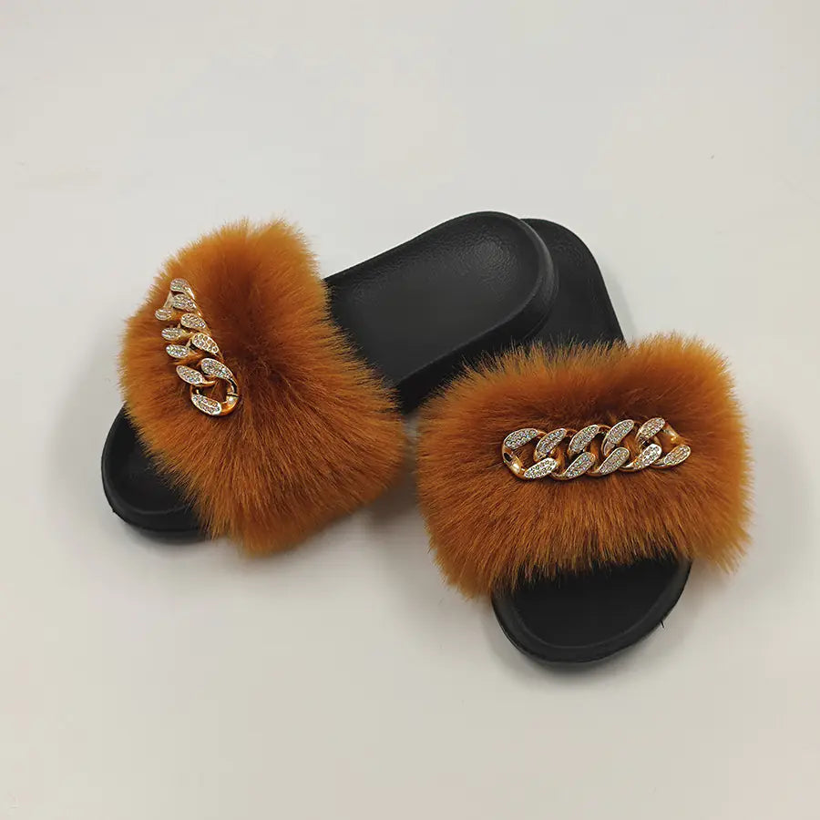 Chanclas de moda de piel de zorro de imitación de felpa