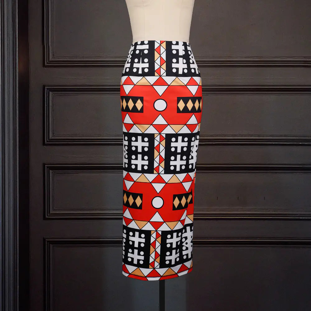 Falda Estampada Geométrica Slim de Talla Grande con Cintura Alta