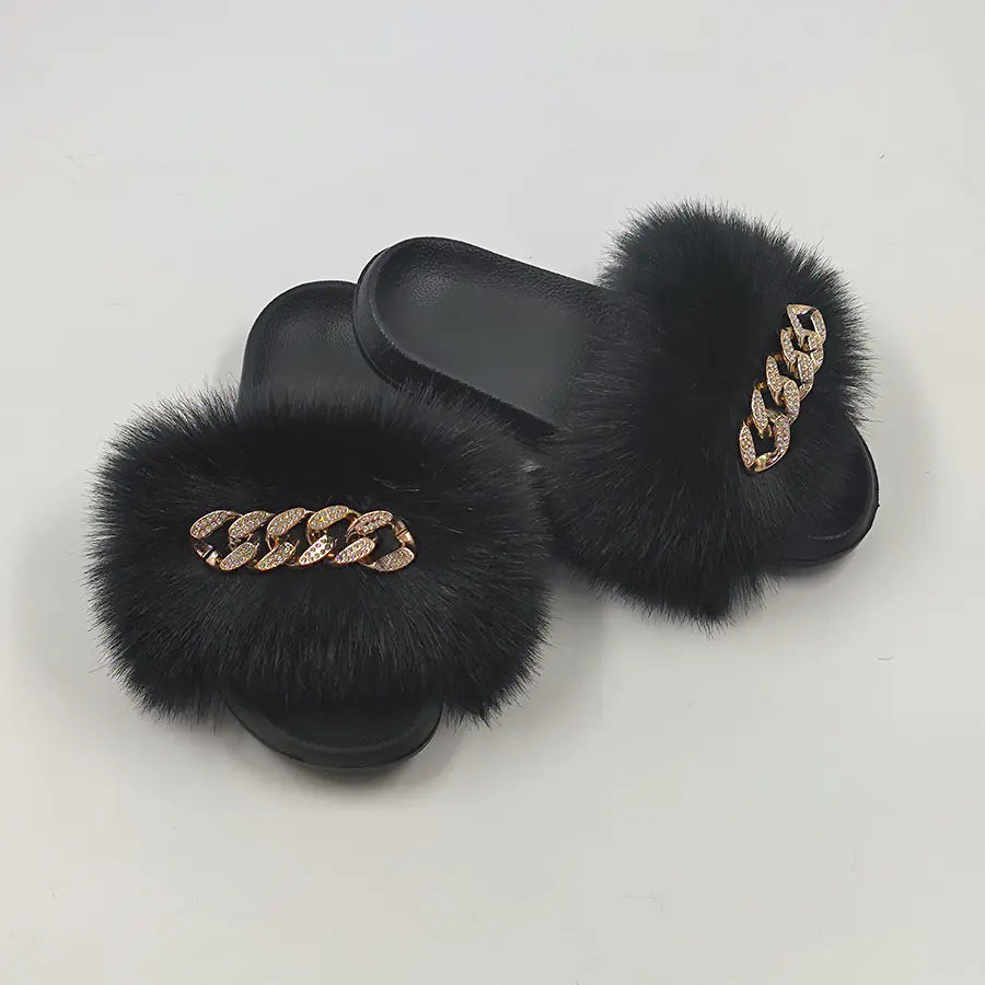 Chanclas de moda de piel de zorro de imitación de felpa
