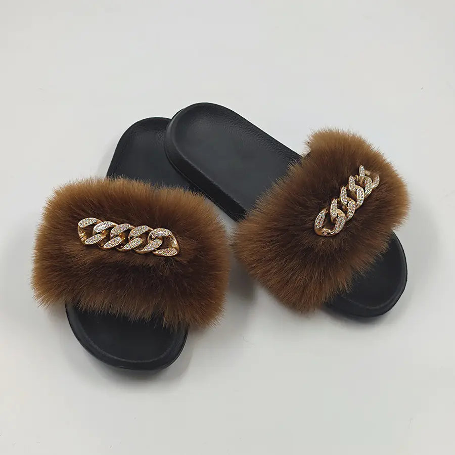 Chanclas de moda de piel de zorro de imitación de felpa
