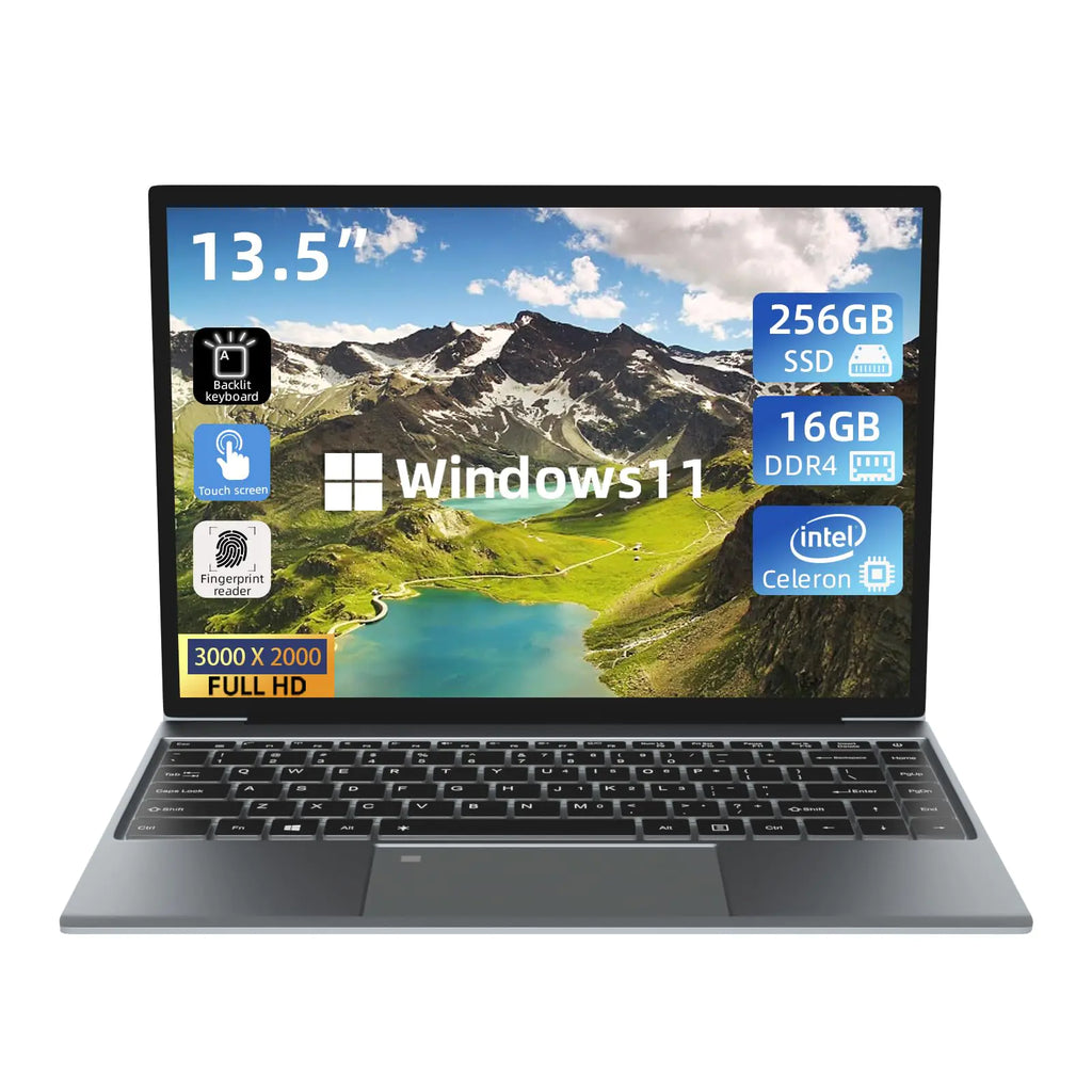 Morostron 13,5" Pantalla táctil Portátil Win11 con N5095 16GB RAM 256GB SSD 3000x2000 FHD Teclado retroiluminado Touch ID WiFi USB3.0 * 2 Bluetooth 4.2 HDMI 38WH Batería Gris
