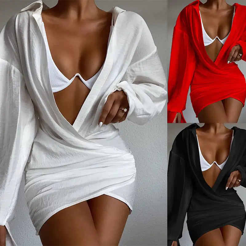 Minivestido de manga larga de color sólido con cuello en V profundo